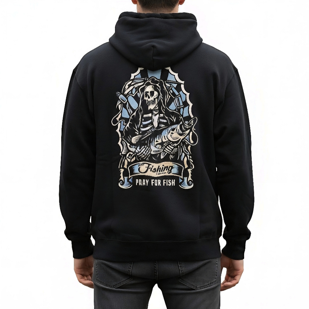 US Fishing Co Black Hoodie Pray For Fish Reaper Graphic Mens Size Small